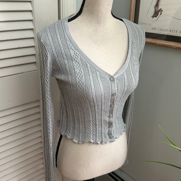 AEROPOSTALE Sweater Womens Medium Gray Cardigan Plunging V-Neck Fitted Retro Y2K - Picture 5 of 12
